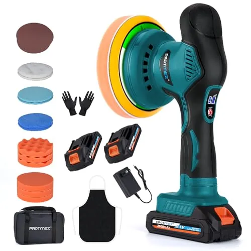 Protmex Cordless Car Buffer Polisher w/ 2x2000mAh 21V Batteries